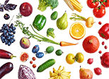 Verschiedene Sorten an Obst und Gemüse nach Farbe sortiert