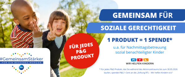 Banner mit zwei Kindern im Freien und dem Text „Gemeinsam für soziale Gerechtigkeit“. Hervorgehoben wird die Aktion „1 Produkt = 1 Spende“ zur Unterstützung benachteiligter Kinder.