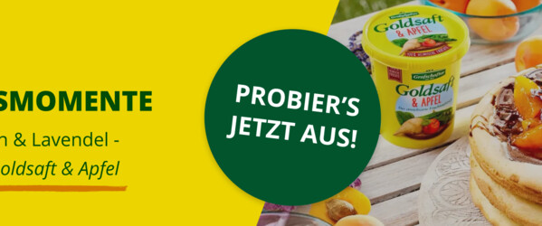 Grafik in zwei Abschnitte geteilt. Eine gelbe hälfte mit dem Text " Goldene Genussmomente: Waffel-Kuchen mit Aprikosen & Lavendel - verfeinert mit Grafschafter Goldsaft & Apfel" Die andere hälfte zeigt ein Bild mit einem Gartentisch, auf dem die zu backende Torte steht und ein Becher "Grafschafter Goldaft & Apfel". In der Mitte steht in einem grünen Kreis, fettgedruckt " Probier's jetzt aus"