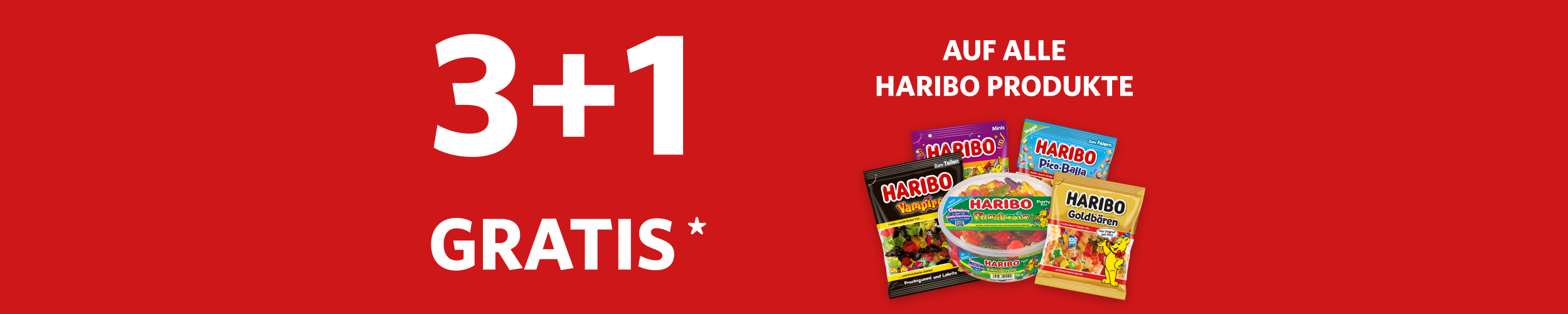 Rotes Werbebanner zur Aktion „3+1 gratis“ auf Haribo mit Abbildung von Haribo Produkten