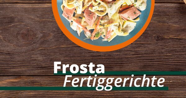 Frosta Fertiggericht Lachs serviert auf Holzhintergrund