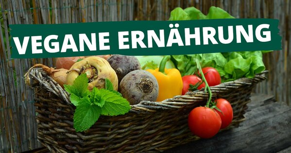 Ein Korb mit frischem Gemüse auf einem Gartentisch, darüber weiße Schrift "Vegane Ernährung"