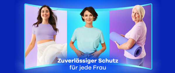 Blauer Hintergrund, in der Mitte hellbau mit Abbildungen von 3 Frauen unterschiedlichen Alters