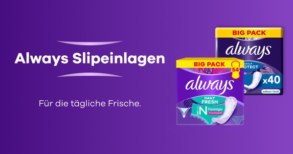 Lila Hintergrund, darauf eine Abbildung von Slipeinlagenpaketen