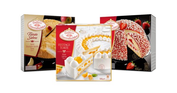 Sahnetorten Kaese-Sahne, Apfel-Bourbon Vanille und Erdbeer-Bourbon Vanille