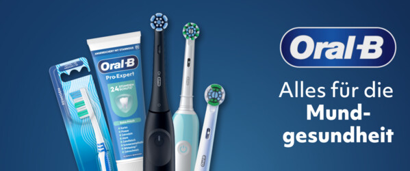 Oral-B Werbebanner mit dem Text: Alles für die Mundgesundheit. Abgebildet sind verschiedene Zahnpflegeprodukte, darunter elektrische Zahnbürsten, eine Handzahnbürste und eine Tube Oral-B Pro-Expert Zahnpasta vor blauem Hintergrund.
