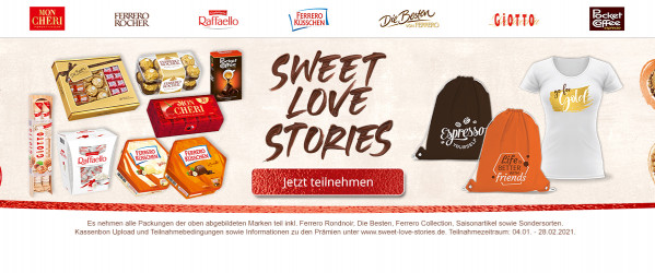 Ferrero Pralinen: Sweet Love Stories, Muetzen und Shirts