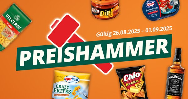 Oranger Hintergrund, in der Mitte "Preishammer" mit einem roten Hammer - darum herum die Abbildungen der aktuellen Wochenangebote