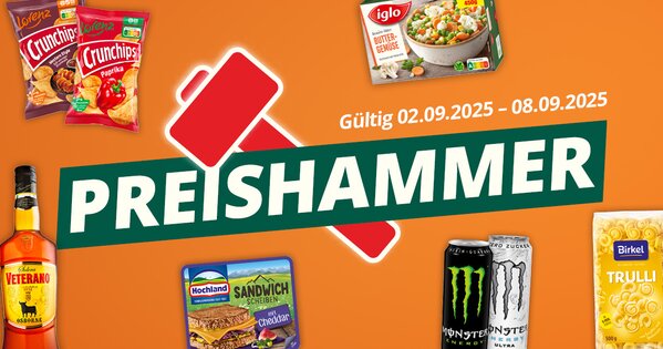 Abbildungen der Preishammer auf orangenem Untergrund. Angebotsartikel der Woche verteilt um Schrift "Preishammer" mit Datum 02.09. bis 08.09.2025