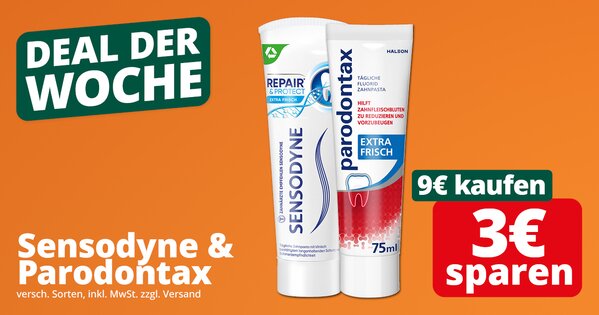 Deal der Woche Logo, Sensodyne oder Parodontax für 9€ kaufen, 3€ sparen