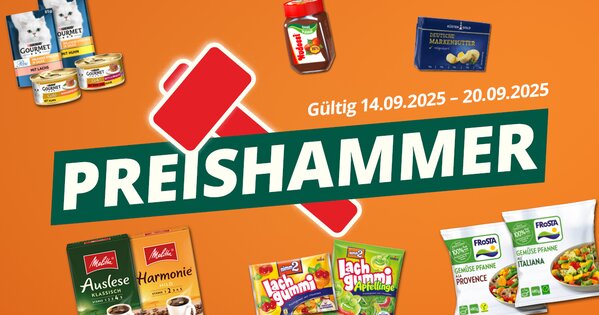 roter Hammer mit Schrift "Preishammer"; Abbildungen der Preishammer-Artikel