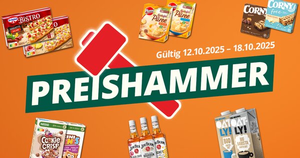roter Hammer mit Schrift "Preishammer"; Abbildungen der Preishammer-Artikel 