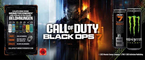 Dunkel gestalteter Banner, in der Mitte Auszug aus dem Spiel "Call of Duty Black Ops 7" - Abbildungen von Monster Energy Dosen und Erklärung zur Codeeinlösung für Ingame-Prämien