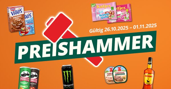 roter Hammer mit Schrift "Preishammer"; Abbildungen der Preishammer-Artikel 