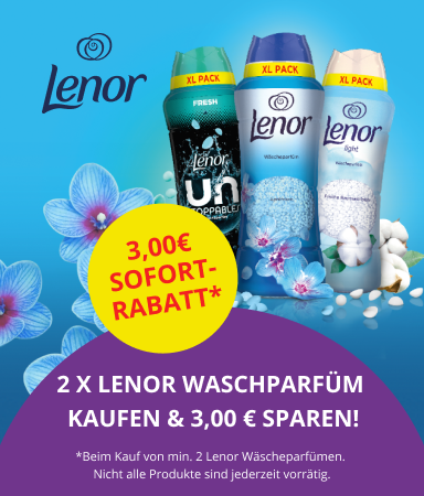 Werbebanner mit Lenor Waschparfüm in verschiedenen Varianten, Blumenmotiven und dem Hinweis „Non-Stop Frische – 2× Lenor Waschparfüm kaufen & 3,00 € sparen