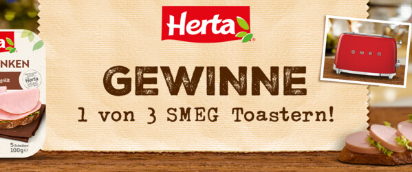 Werbebanner von Herta mit Saftschinken und Grillschinken sowie einem Gewinnspiel, bei dem 1 von 3 roten SMEG Toastern verlost wird.
