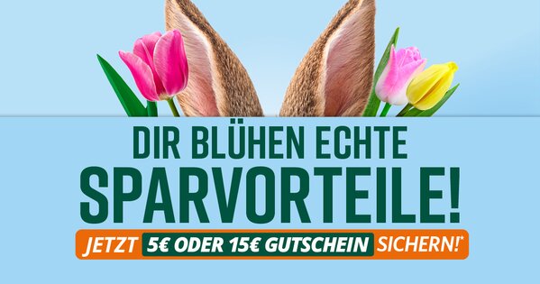 Werbebanner mit Hasenohren und Tulpen sowie dem Text „Dir blühen echte Sparvorteile – jetzt 5 € oder 15 € Gutschein sichern
