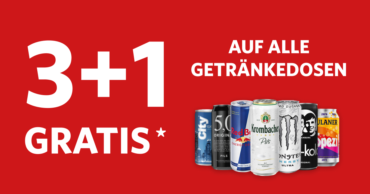 3+1 Gratis Aktion - auf alle Getränkedosen