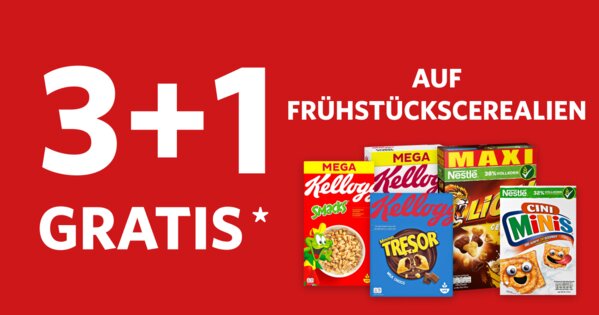 3+1 Gratis Aktion - Frühstückscerealien: 4 kaufen & 3 zahlen