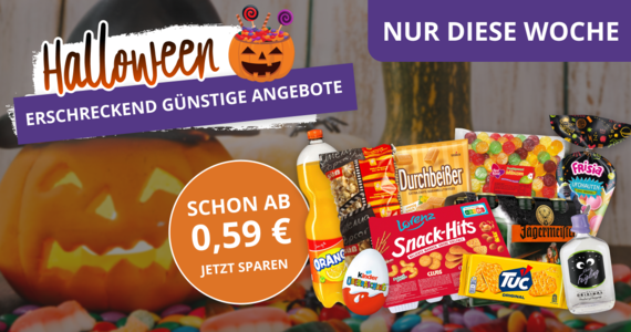 Halloween-Werbebanner mit Kürbis und verschiedenen Süßigkeiten, Snacks und Getränken. Aktion „Erschreckend günstige Angebote“ ab 0,59 € – nur diese Woche.