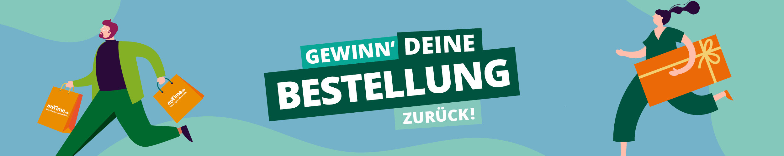 Zwei Illustrationen von Menschen laufen mit Einkaufstaschen und Geschenkpaket über die Fläche