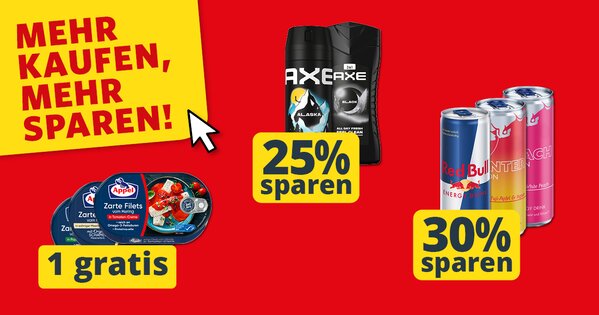 Roter Hintergrund, darauf Produkte, Mehrfachabbildung. gelbe Felder mit dunkler Schrift: "25% Sparen" oder "1 Gratis". 