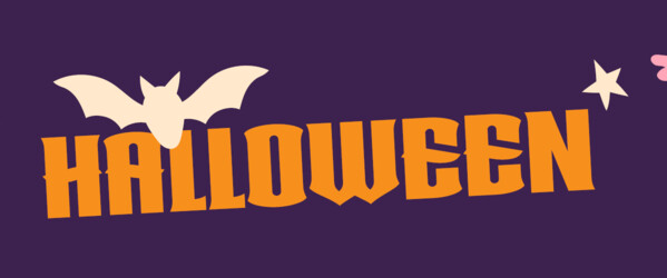 Dunkellila Hintergrund, darauf in orange "Halloween". Illustrationen einer Fledermaus, eines Totenschädels, eines Halloween-Kürbisses, eines Sterns, Bonbons und eines gruseligen Auges.