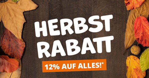 Dunkels Holzbrett, darauf Blätter, in der Mitte weiße Schrift "Herbstrabatt"