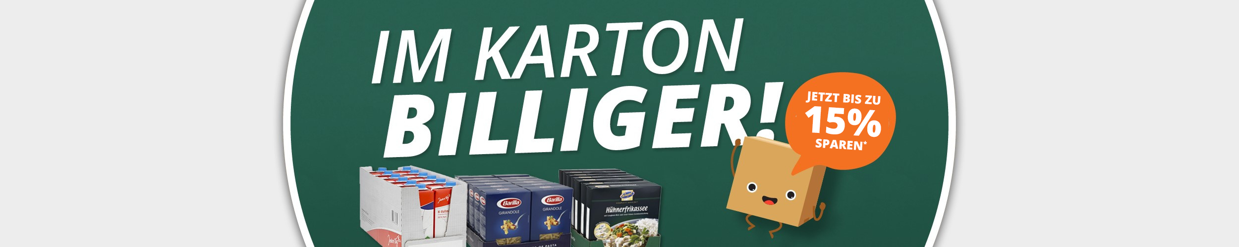 Grüner Kreis, darin "Im Karton billiger" und kleiner Karton mit einem Gesicht darauf