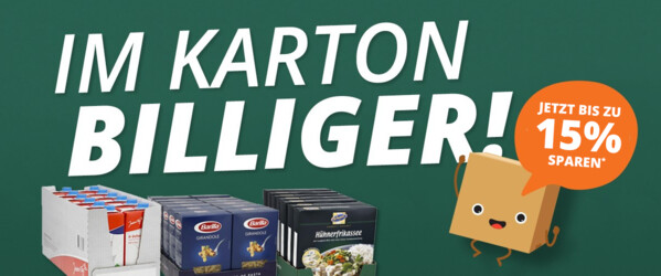 Grüner Kreis, darin "Im Karton billiger" und kleiner Karton mit einem Gesicht darauf