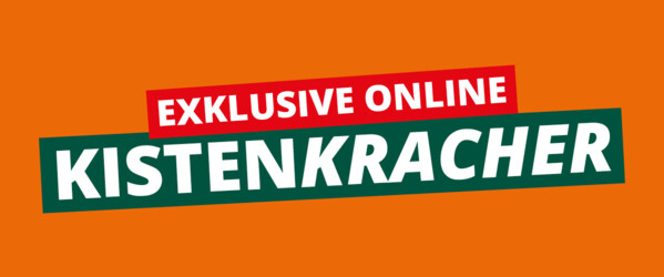 Ein Banner in Orange mit grünen Elementen, die an Kronkorken erinnern. In der Mitte steht "Exklusive Online Kistenkacher"