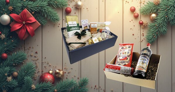 Hintergrund aus Holz, davor weihnachtliche Girlanden. Zentral Abbildungen von verschiedenen Präsentboxen.
