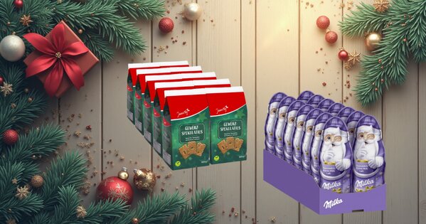 Hintergrund aus Holz, davor weihnachtliche Girlanden. Zentral Abbildungen von Gebinden Milka Weihnachtsmännern, Milka Kugeln, Spekulatius und Lebkuchen.